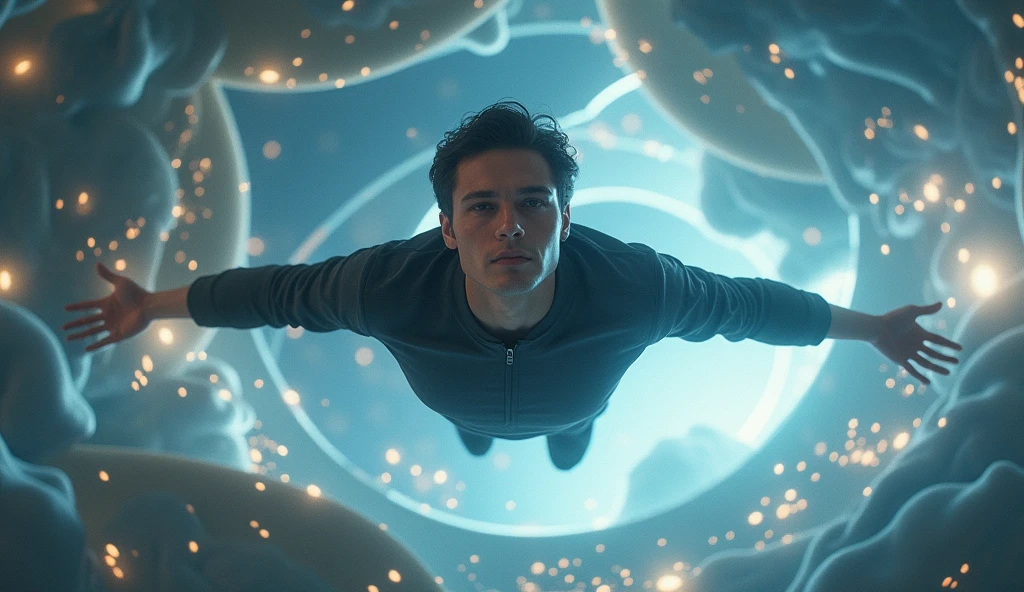 oto of a human male dressed, head on, floating in horizontal orientation as if flying between digital entities