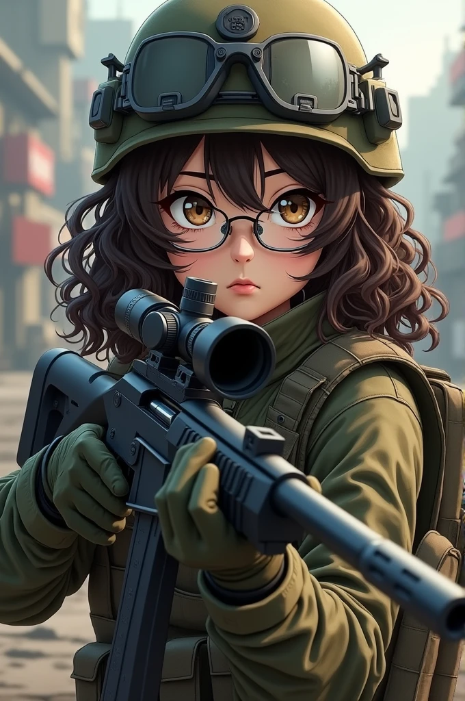 anime realist, Brown-skinned woman , wearing prescription glasses, black curly hair, long hair, wearing army clothes, war helmet and vest,with sniper in hand.
