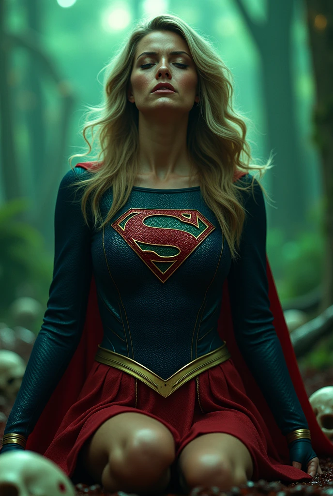 (((In extreme close-up a beautiful woman with long blonde hair Charlize Theron under the cloak of the Kryptonian Kara Zor-El alias Supergirl (((Blue leather suit with tiny scales on the suit (((Red skirt))),(((Supergirl emblem on her suit))),(((On his knees screaming, mortally wounded, with a metal bar embedded in his chest))),(((Kryptonite green flourescent color on the bar))),(((Blood around skulls in cemetery bloody images)))