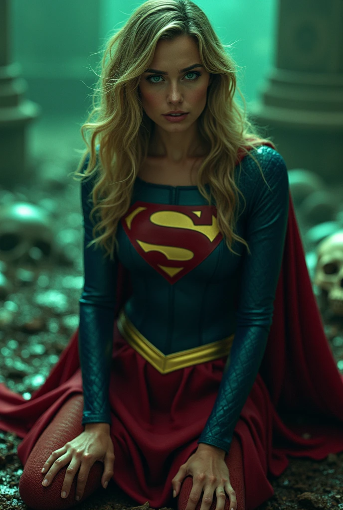 (((In extreme close-up a beautiful woman with long blonde hair Charlize Theron under the cloak of the Kryptonian Kara Zor-El alias Supergirl (((Blue leather suit with tiny scales on the suit (((Red skirt))),(((Supergirl emblem on her suit))),(((On his knees screaming, mortally wounded, with a metal bar embedded in his chest))),(((Kryptonite green flourescent color on the bar))),(((Blood around skulls in cemetery bloody images)))