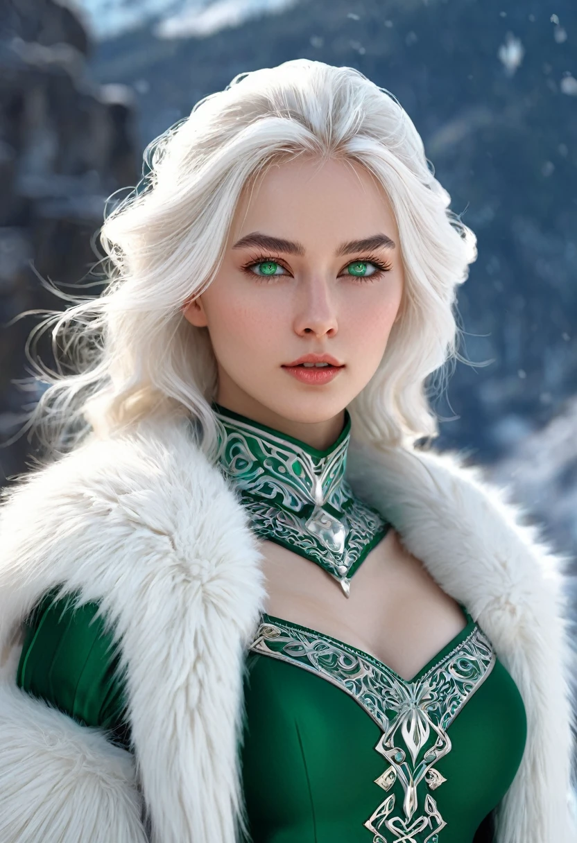 Fantasy in retro style, masterpiece, Magnificent Art, best quality, 1 Girl, Close-up girl Nordic princess, Scandinavian Mountains, Winter weather, Symmetrical and detailed face, Skin as smooth as peach silk, Energetic and aggressive green eyes, Waist-length messy white hair, Sculpted body, (spark: 0.7), Adobe illustration, Trand on Artstation, 8K, HD, 超HD, Cool soft lighting, --q 500 --s 100, -