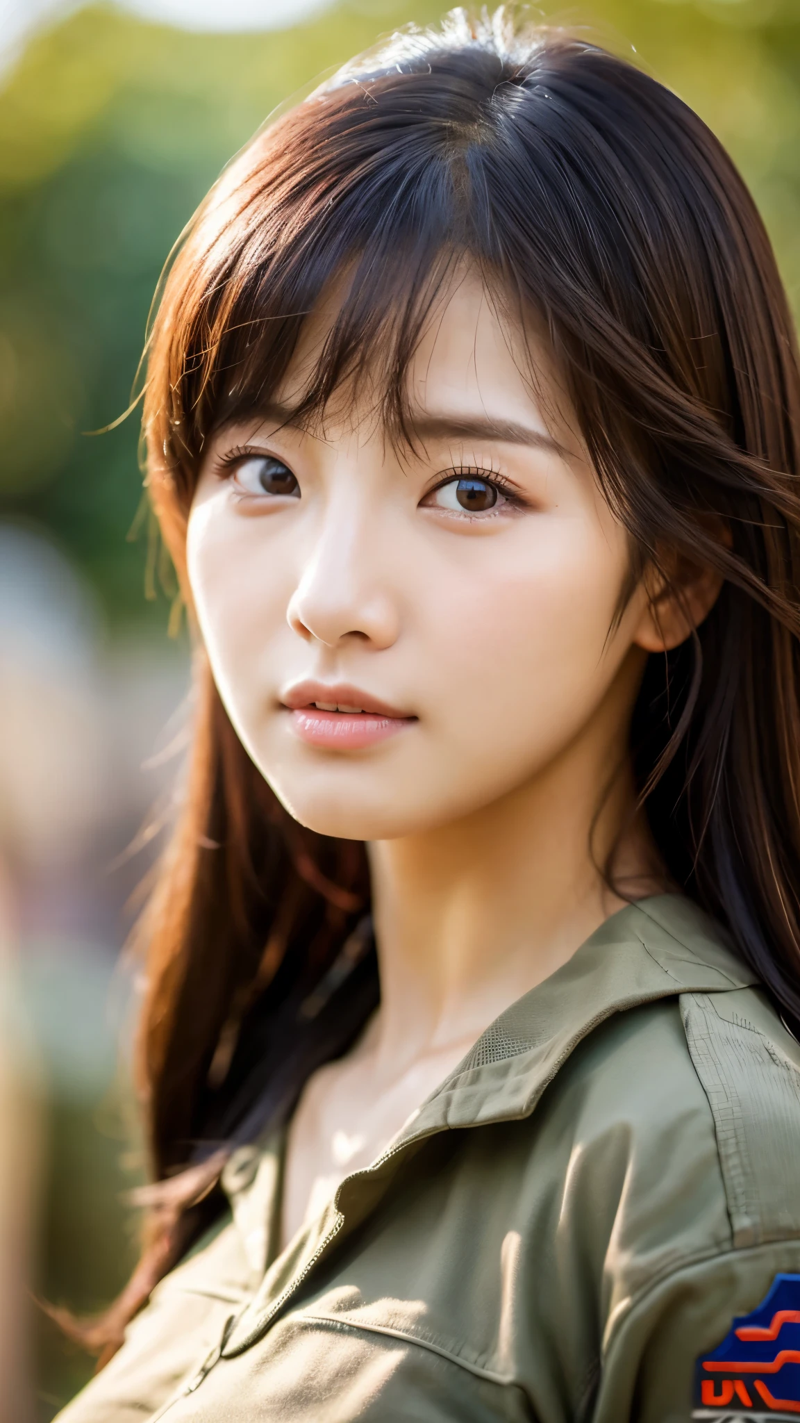 extreme close-up of beautiful beautiful korean female, 34 inch breasts size,  wearing as soldier, bokeh background ,UHD