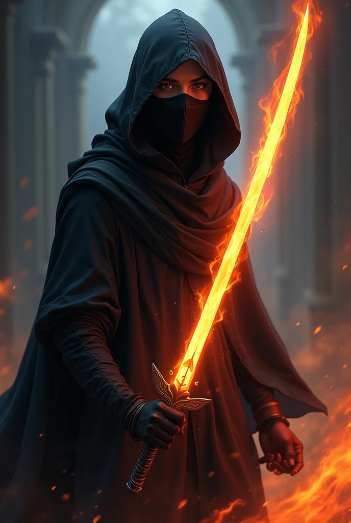 Make anime face with black hood and mask and with orange magic sword with mask
