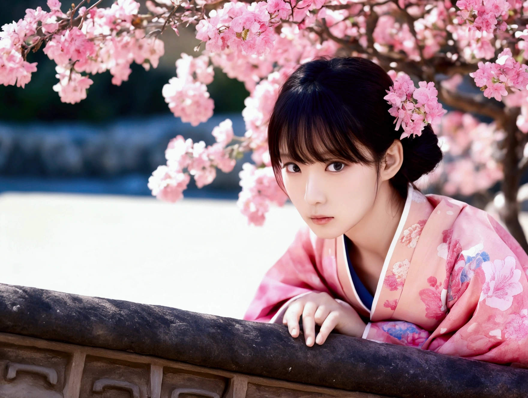 Pink base, Cute angry face, Pun Pun, 最high quality、high quality、Best image quality、8k、最High resolution、High resolution、temple, Realistic photos, Healthy body, Beautiful Eyes, Flowing black hair, Colorful kimono, Calm expression, Soft lighting, Traditional Japanese art style, Vibrant colors, Peaceful atmosphere, Delicate features, Graceful posture, Beautiful Landscape