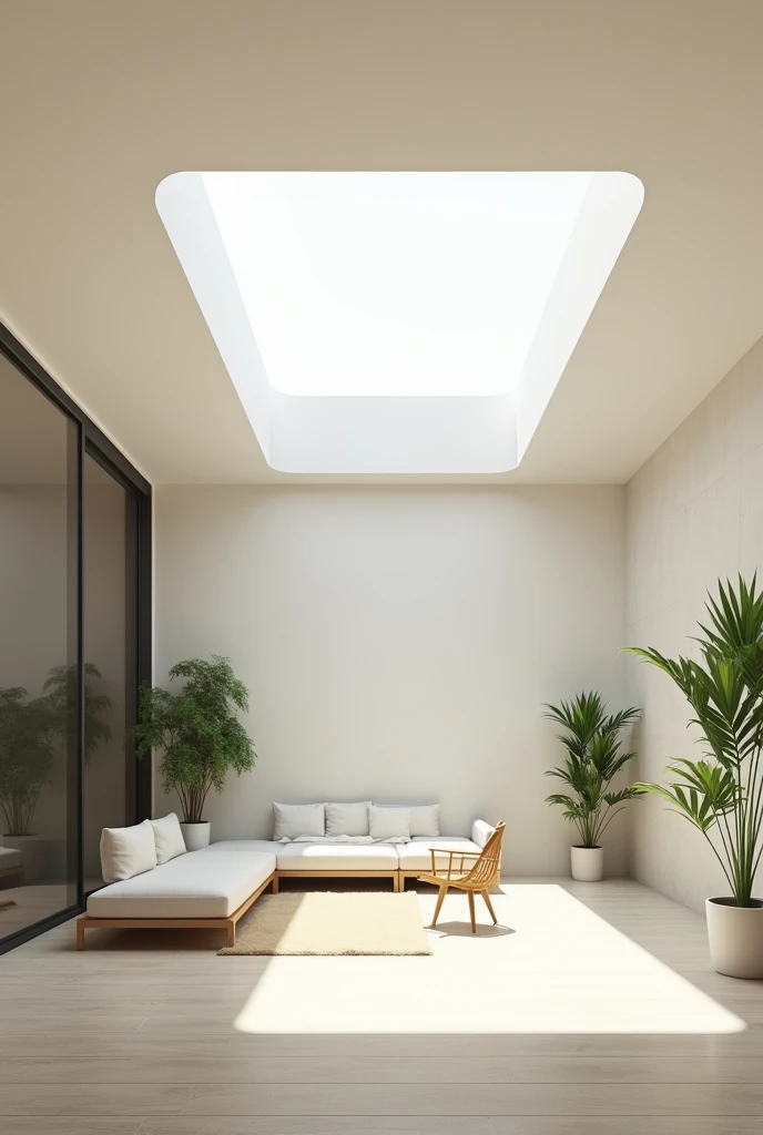 Generate an interior image of a modern room featuring multiple skylights. The skylights are embedded in a sleek, flat ceiling, allowing an abundance of natural light to flood the space. The light should cast soft, dynamic shadows across the room, highlighting the textures of the furniture and flooring. The room has a minimalist design with clean lines, neutral colors, and perhaps a few green plants to add a touch of nature. The overall atmosphere is bright, airy, and inviting