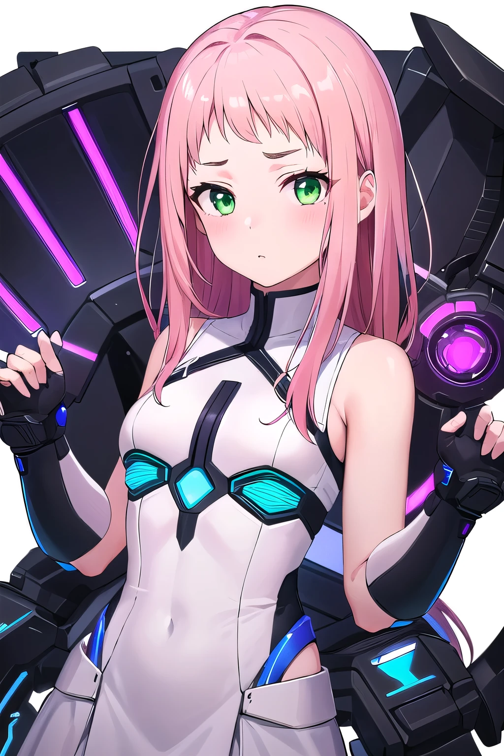 1 girl,Samus aran,solo,green eyes, pink hair, forehead   hair, white zero suit,white body suit,purple stripes,cowboy shot,blush,,Science fiction,ultra-detailed,sharp focus,aesthetic,(best quality), white background