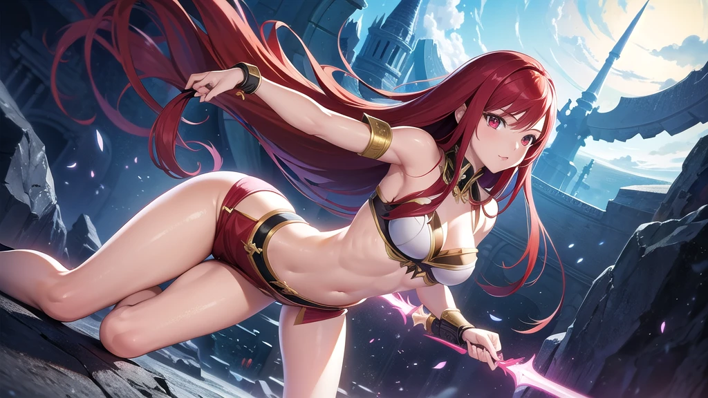 1 girl view, estado de animo : seductora profesional, face: erza escarlet, all realistic intrincate details: " style: anime Fairy tale, Character: Erza Scarlet, anime: fairy tale, full body illustration of Erza Scarlet with all the intricate realistic details, Erza identical to the anime, battle clothes, in the background the arena of magical battles, action pose, master piece, battle sexy armor according to the anime, random angle"