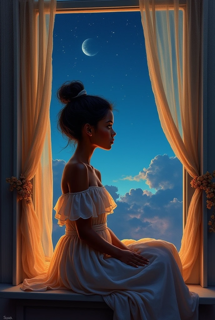 head of'artwork, best quality, side profile of'une fille extrêmement délicate et belle à la peau foncée, porter une robe à épaules dénudées, placed on a windowsill, nocturnal, world head of'artwork theater, ultra-detailed, very detailed, high resolution, extremely detailed,(1fille à la peau foncée1:1) ,illustration, En regardant le ciel nocturne, beautiful interior and exterior, impasto, toile, Oil painting'Oil, realistic, storybook style art, ambiance chaleureuse