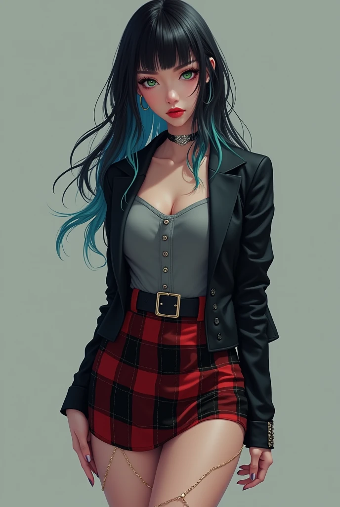 A woman&#39;s one, long straight wavy hair without bangs but with a cut called: butterfly cut and with black hair color in half and different shades of blue, guitar-shaped body and very sexy with hazel green eyes and red lompinte lips and a gray blouse, black jacket short size, plaid skirt with black and red and chains around the skirt, men&#39;s black boots, fair skin and attractive rest and peach skin. And very desirable to other men. The ager will be more realistic.  Detail takes everything I said and appears in its entirety. 