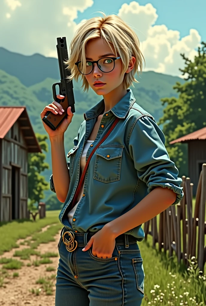Girl from the countryside of Paraná, with short blonde hair and glasses, holding a pistol and a can of soda in the other hand