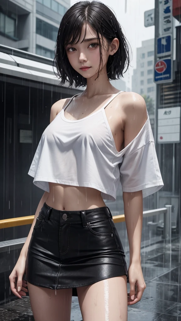 NSFW, skinny, small teen, white cropped shirt, black loose mini skirt, heavy rain, no bra, soaked, wet, smirking