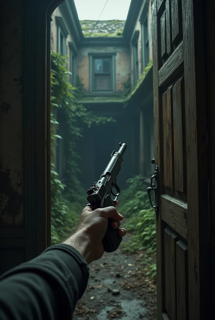 abandoned mansion, first person perspective with a pistol in hands, main hall with stairs to the second floor