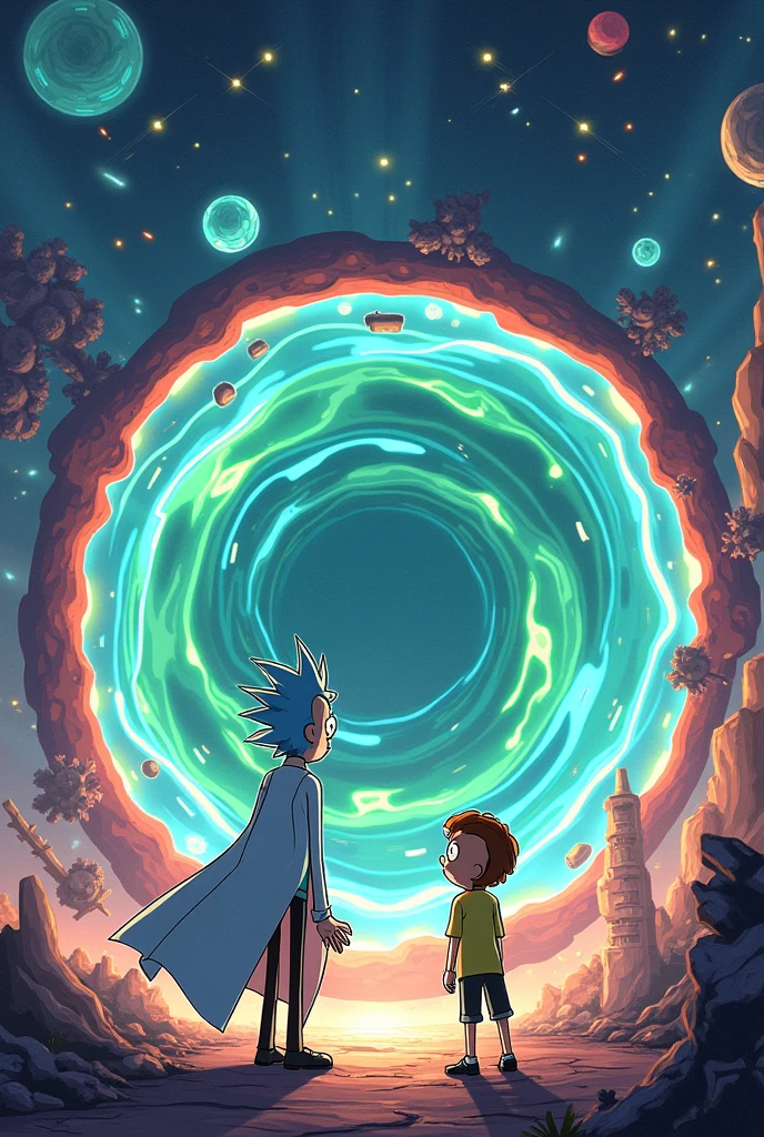 Rick and Morty in anime style looking towards a portal that is in the middle of the composition