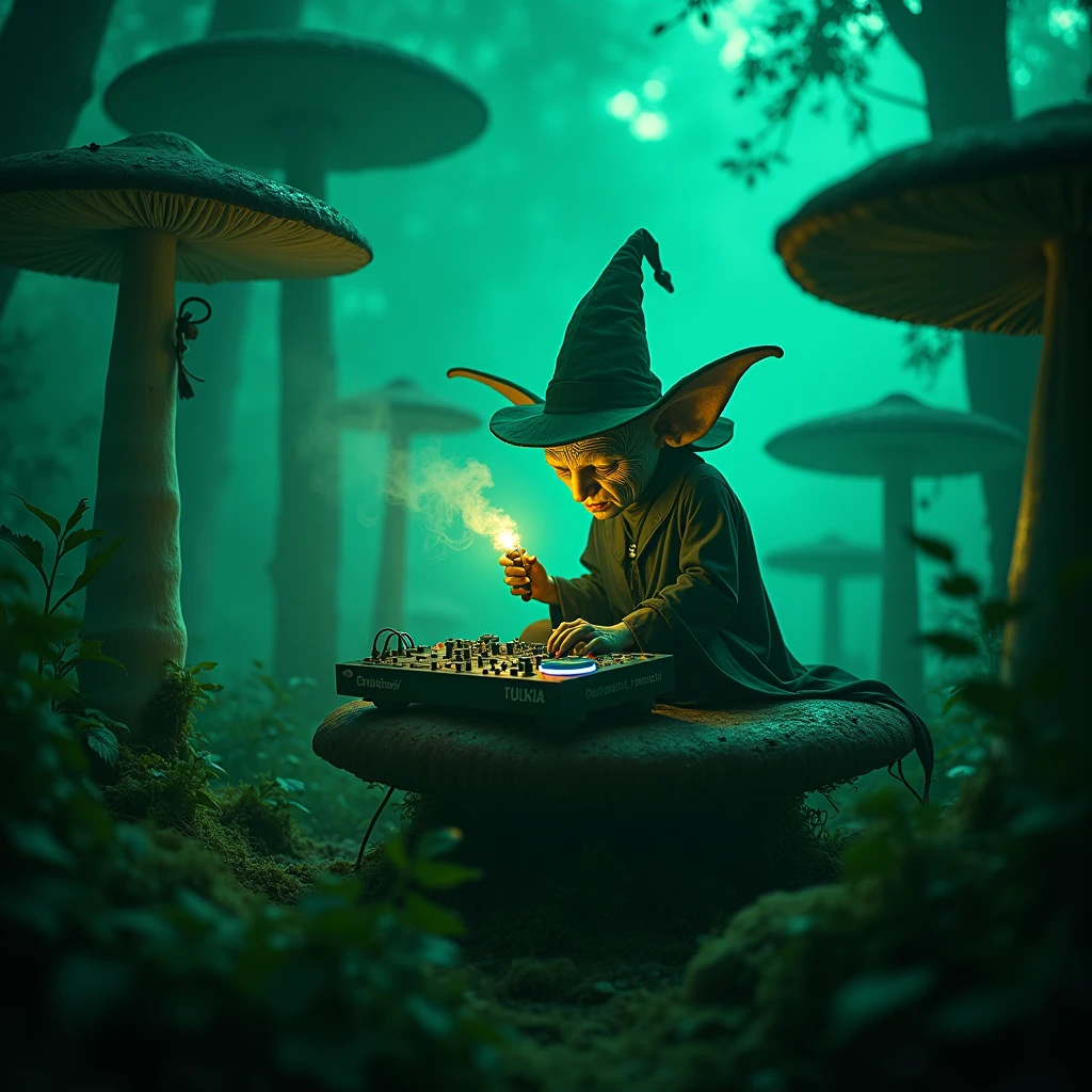 Nightvision footage of a goblin thats dressed like a wizard sitting on a shroom in a shroomforest while smoking out of his herb vaporizer while playing on audio interfaces and dj pults