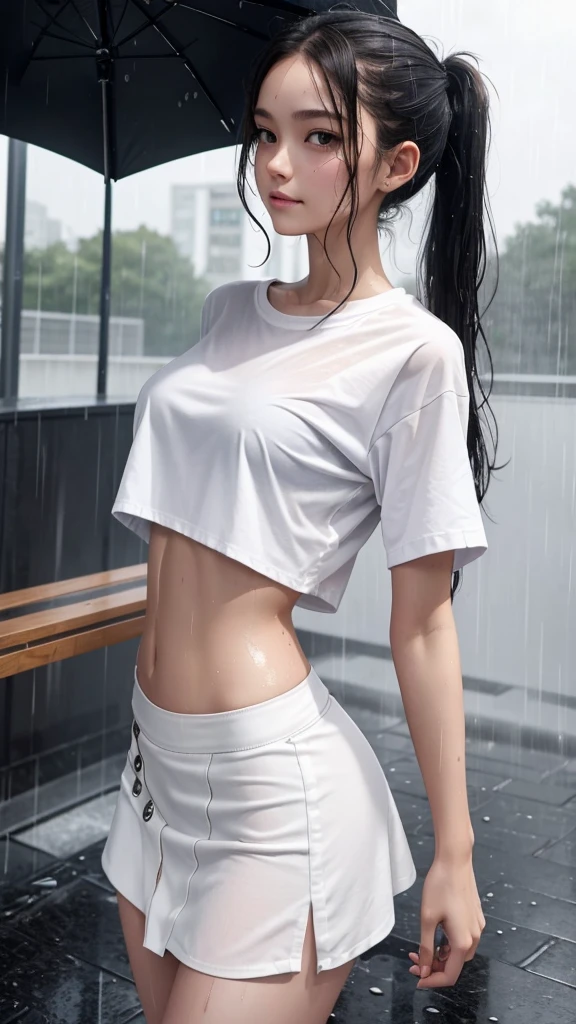 A woman dressed in black stands in an alley, ,dressed in a white t-shirt, Clear T-shirt, No pants，drenched clothes，Moist body，(a wet body），The clothes fit against the body，Outline the perfect figure，Genre painting, High details, Masterpiece, Super detail，full bodyesbian, Perfect standing，standing against the wall，Real rain，glossy from rain，rained