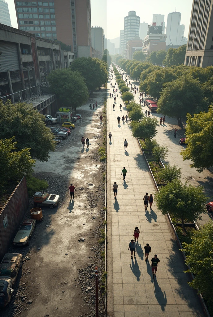 generates a realistic image split in half, where on the left there is a bad public space ruled by obsolescence while the right side is a good public space with people circulating. Both images mixed in the center and inspired by the city of Santiago de Chile