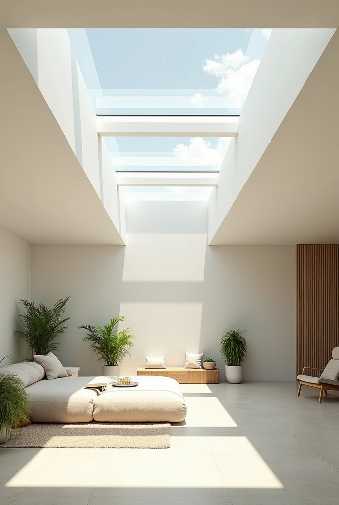 Generate an interior image of a modern room featuring multiple skylights. The skylights are embedded in a sleek, flat ceiling, allowing an abundance of natural light to flood the space. The light should cast soft, dynamic shadows across the room, highlighting the textures of the furniture and flooring. The room has a minimalist design with clean lines, neutral colors, and perhaps a few green plants to add a touch of nature. The overall atmosphere is bright, airy, and inviting