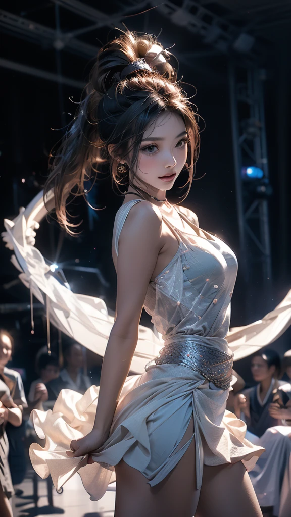 1girl, 独奏, Best Quality, Masterpiece , rubi hoshino,  hair ornament, glairing eyes, A star in the eye, (A star on the right eye:1), (Dress:1.4), (Concert1), on the stage,