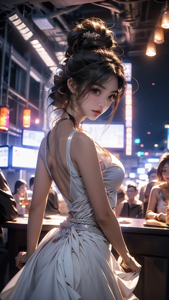 shining star,A beautiful oriental girl,Single ponytail,Dragon Horn,Big breasts,thin waist,white skin,Perfect proportion,Wearing a dance dress,8k,The focus of the audience,Lighting effects,Super details,