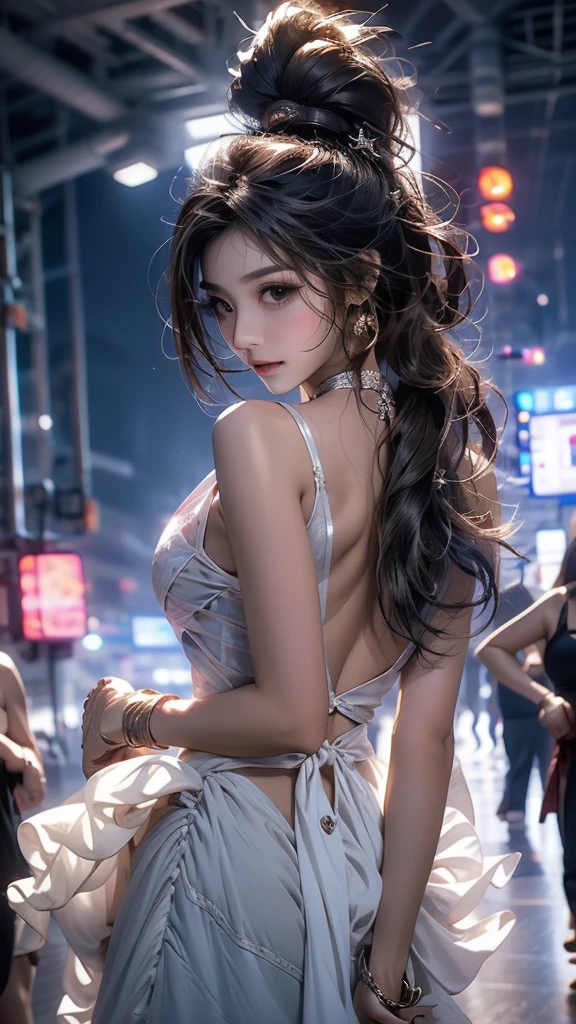 shining star,A beautiful oriental girl,Single ponytail,Dragon Horn,Big breasts,thin waist,white skin,Perfect proportion,Wearing a dance dress,8k,The focus of the audience,Lighting effects,Super details,