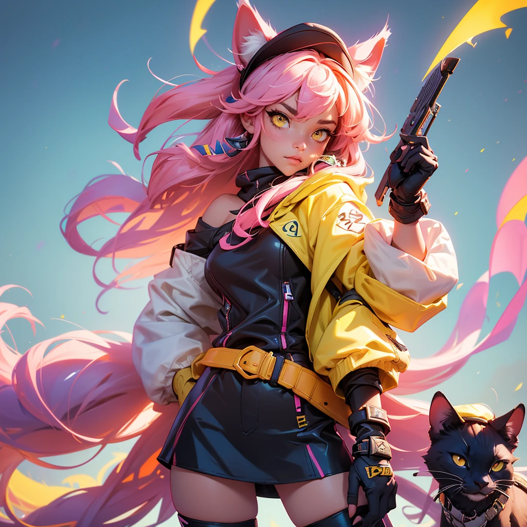 envision a 8k, highres, cinematic, beautiful close up portrait of a girl named Raora Panthera with animal ears, tail, yellow eyes, pink streaked hair, multicolored hair, goggles, hat, open jacket, off shoulder, partially fingerless gloves, ring, thigh straps, thighhighs, against a dark background