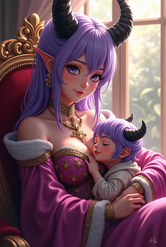 Purple haired woman, with black horns, lavender skin, fuchsia pink eyes (medieval style queen clothes and shiny crown), elegant pose, looking at camera, sitting on elegant chair, holding one year old male baby, with purple hair, RAF blue eyes, hugging his mother, detailed, daytime, sun rays, ultra detailed photography, 4k quality lighting, high resolution, masterpiece, anime style.