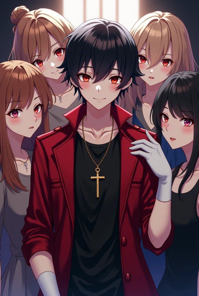 5 people,vampire boy,Red eyes,glasses, black hair, shy smile,very blushing,necklace with a cross, red jacket over a black t-shirt, white gloves, Black pants, surrounded by 4 very pretty girls