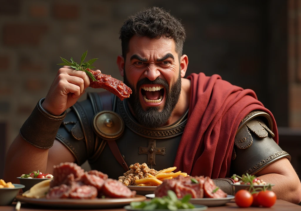 Roman soldier eating a piece of meat in front of a table with a variety of food and making a face, showing teeth