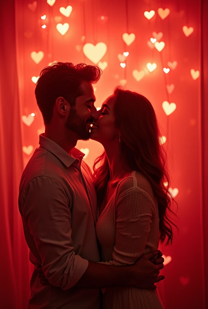 A red colored couple anniversary image with a prose letter that says "happy Anniversary" and lots of hearts and casual clothes