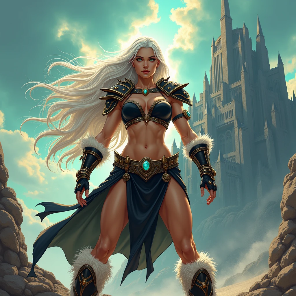 A female warrior battles an exotic creature in mystical land. The image should be in the painting style of classic fantasy artists such as frank frazetta, Julie bell, Boris Vallejo and brom. , a female warrior, pale skin, She has (long straight white hair) and green colored eyes, muscular body. She wears (black top with copper trim:1.2), (black pelvic curtain:1.2), the pelvic curtain drapes between her legs occasionally catching the slight breeze, bare arms, midriff, black shoulder pads with copper trim, fur trimmed boots, copper bracers, gemstones embedded in her armor. (perfecteyes eyes). Eternia background, multicolor sky, cloudy sky, . She stands firmly on the ground a wide stance, ready to fight. dynamic exaggerated poses.(best quality,4k,8k,highres,masterpiece:1.2), ultra-detailed, (realistic,photorealistic,photo-realistic:1.37),(Numerous award-winning masterpieces, incredibly detailed and textured, maximal resolution and clarity), (Hyper-realistic:1.4),face enhancer v3.0, (Realistic:1.3), super quality, beautiful detail, super detailed, extra fine, 16K, exquisite, absurd, high resolution, masters of the universe, (best quality,4k,8k,highres,masterpiece, colorful, vibrant colors:1.2) . The creature looms over her with sharp claws and teeth