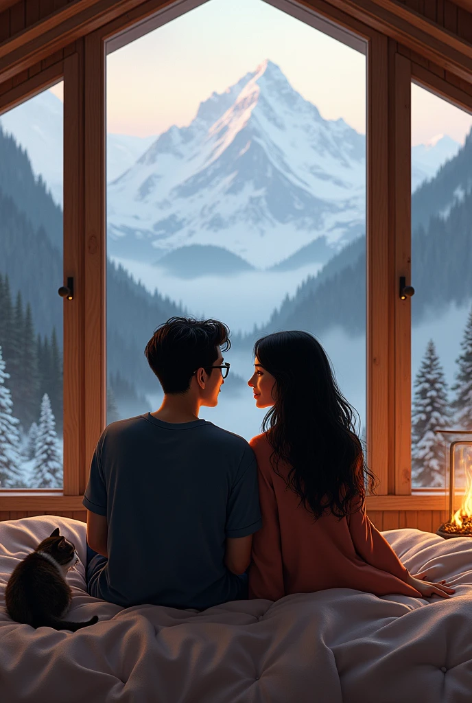 a couple of a man with glasses and a woman with long black hair inside a chalet in the mountains with a pet cat