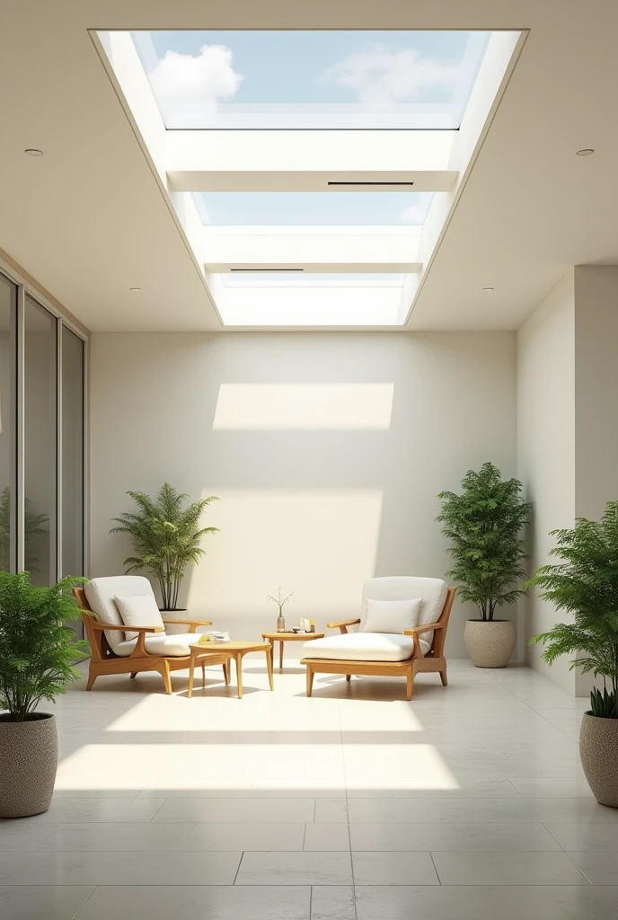Generate an interior image of a modern room featuring multiple skylights. The skylights are embedded in a sleek, flat ceiling, allowing an abundance of natural light to flood the space. The light should cast soft, dynamic shadows across the room, highlighting the textures of the furniture and flooring. The room has a minimalist design with clean lines, neutral colors, and perhaps a few green plants to add a touch of nature. The overall atmosphere is bright, airy, and inviting
