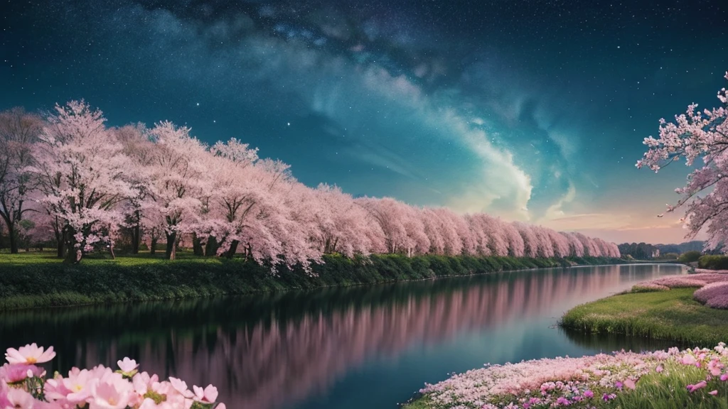 (magical pretty night null green Stream overlay Scene), (null), (cloud), Soft Light, Clean background, beautiful景色, masterpiece, high quality, Great graphics, Attention to detail, Nice views, garden, Flowers, cloud, (night Starry null, Crossing the River, a giant old tree behind you, Glowing pink petals fall behind you) (masterpiece, 最high quality, 最high quality,watercolor (Moderate),Official Art, beautifully、beautiful:1.2),(One person&#39;S:1.3), (Fractal Art:1.3),Upper Body, look up,pattern,(Rainbow Hair,colorful hair,Half blue、Half pink hair:1.2),water,liquid, cloud,colorful, Starry Sky,performer,Large Breasts、tears
