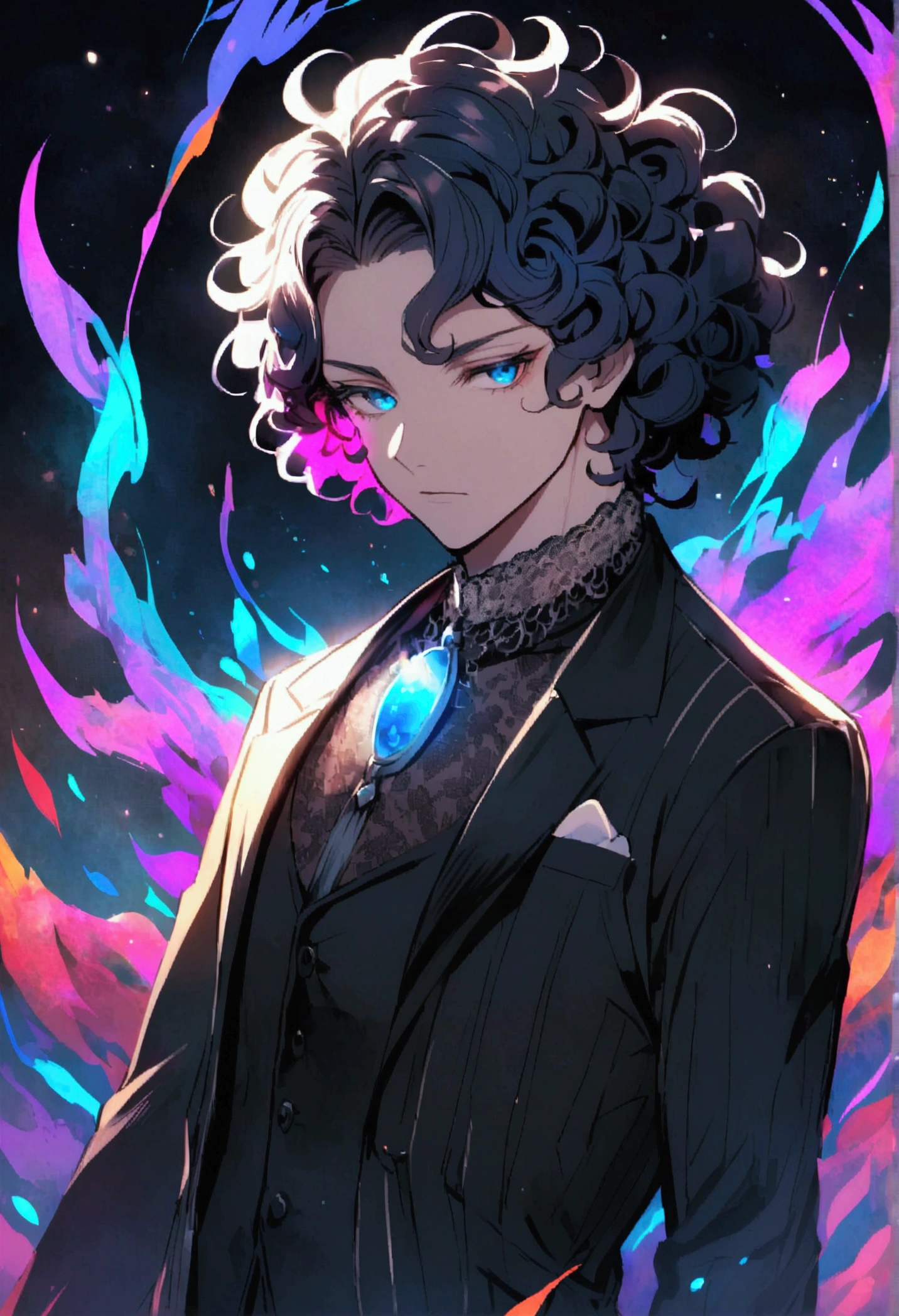 Make a male character with curly hair, who is wearing a black suit