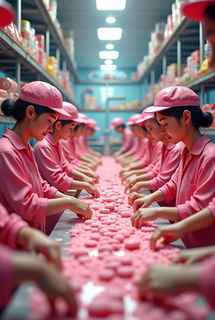 Several people working in a candy factory wearing pink uniforms