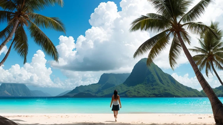 A tropical paradise with lush green mountains in the background and a woman walking alone on a sandy beach, the calm ocean reflecting her quiet strength as she contemplates her next steps after betrayal, dramatic lighting" --ar 16:9 --no blurry, --no grain, --no low-quality details, --no oversaturated colors, --no unrealistic lighting, --no distorted faces, --no abstract elements, --no surrealism, --no pixelation