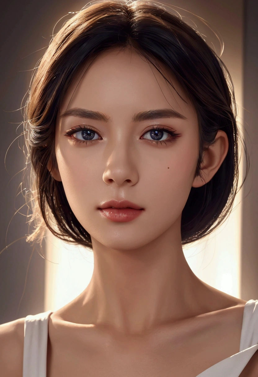 best quality,masterpiece,extremely detailed,high res,4k,ultra high res,detailed shadow,ultra realistic,realistic,dramatic lighting,1girl,solo,detailed face,realistic eyes,realistic skin,white dress,purple hair,dynamic pose, white lace dress
