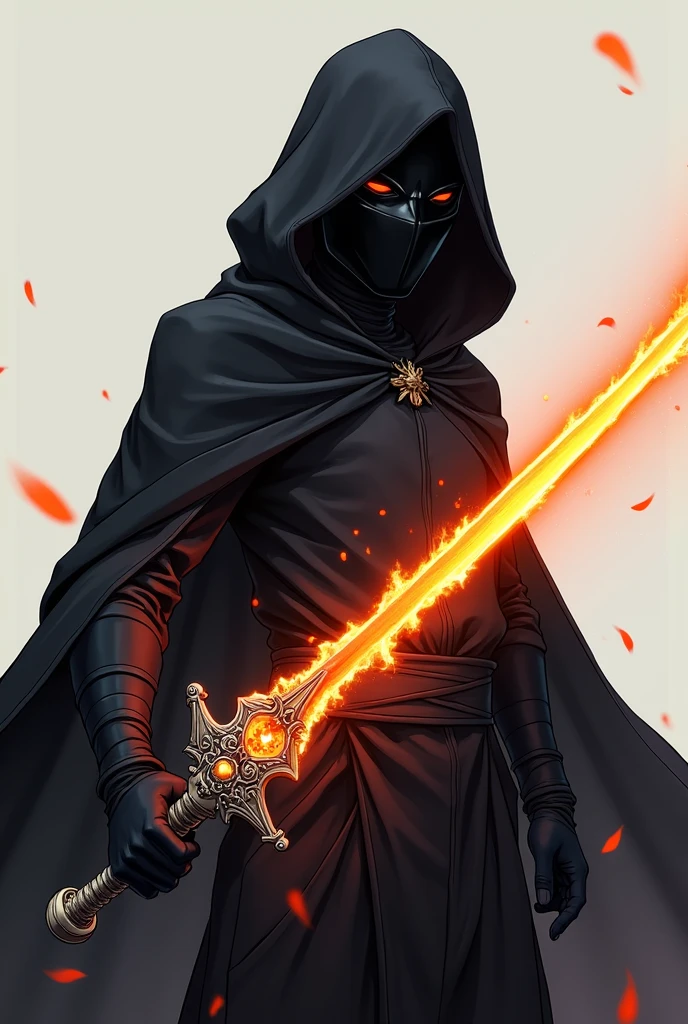 Make an anime face with a black hood and mask and with an orange magic sword with a mask, mask on the whole face, where is the mask?