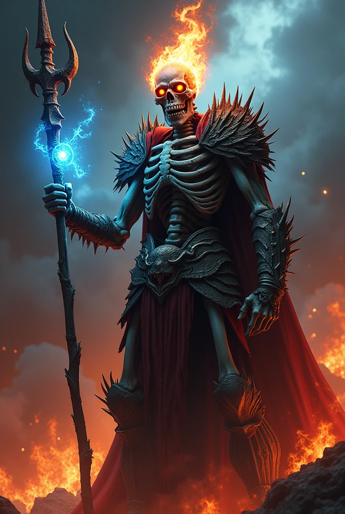 Fantasy digital artwork featuring a skeletal warrior in dark, spiked armor, holding a staff with a trident-like top in his right hand and a glowing blue orb in his left. The warrior's skull is adorned with a crown of flames, and his eyes emit a fiery glow. The background is engulfed in intense flames and dark smoke, creating a hellish atmosphere. In the foreground, a ghostly blue skeletal figure appears to be emerging from or being summoned by the warrior, adding a mystical element to the scene. The overall color palette is dominated by fiery reds, oranges, and blues, enhancing the dramatic and otherworldly feel of the artwork. anatomically correct, super detailed, highly detailed, 4k, hyperrealistic, extremely realistic, intricate details, dramatic lighting, moody atmosphere, dark fantasy, cinematic, masterpiece, dramatic pose, muscular anatomy, veins visible, sinews, tendons, viscera, guts, organs, raw power, intense emotion, photorealistic