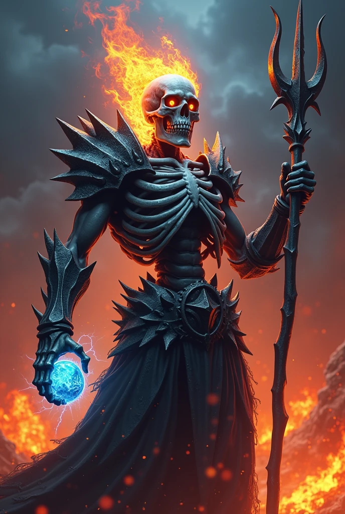 Fantasy digital artwork featuring a skeletal warrior in dark, spiked armor, holding a staff with a trident-like top in his right hand and a glowing blue orb in his left. The warrior's skull is adorned with a crown of flames, and his eyes emit a fiery glow. The background is engulfed in intense flames and dark smoke, creating a hellish atmosphere. In the foreground, a ghostly blue skeletal figure appears to be emerging from or being summoned by the warrior, adding a mystical element to the scene. The overall color palette is dominated by fiery reds, oranges, and blues, enhancing the dramatic and otherworldly feel of the artwork. anatomically correct, super detailed, highly detailed, 4k, hyperrealistic, extremely realistic, intricate details, dramatic lighting, moody atmosphere, dark fantasy, cinematic, masterpiece, dramatic pose, muscular anatomy, veins visible, sinews, tendons, viscera, guts, organs, raw power, intense emotion, photorealistic