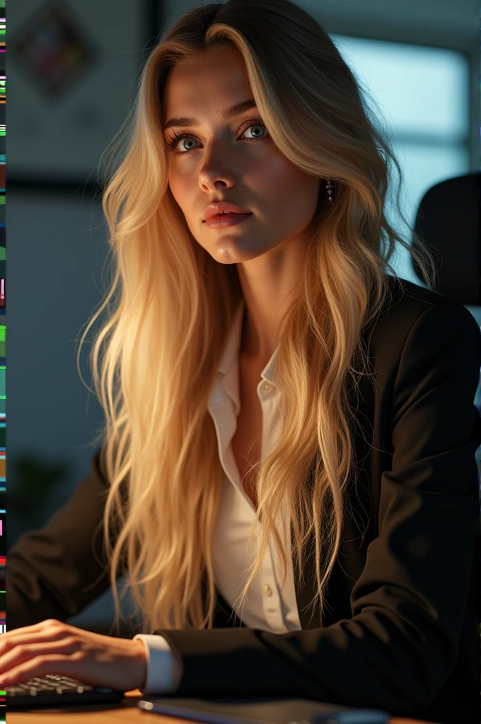 a beautiful girl with long blonde hair, detailed eyes, nose, and lips, wearing  professional outfit, siting in her office, using her computer, hp comuter (best quality,4k,8k,highres,masterpiece:1.2),ultra-detailed,(realistic,photorealistic,photo-realistic:1.37),HDR,studio lighting,extremely detailed face and body, portrait,cinematic lighting,dramatic lighting,warm color tones,dramatic colors