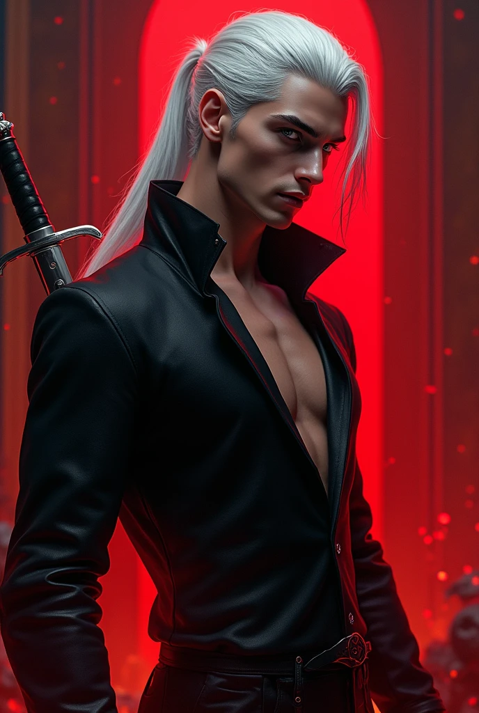 Create a handsome and sexy prince of hell wearing a black body jacket, long white hair tied in a ponytail and a sword