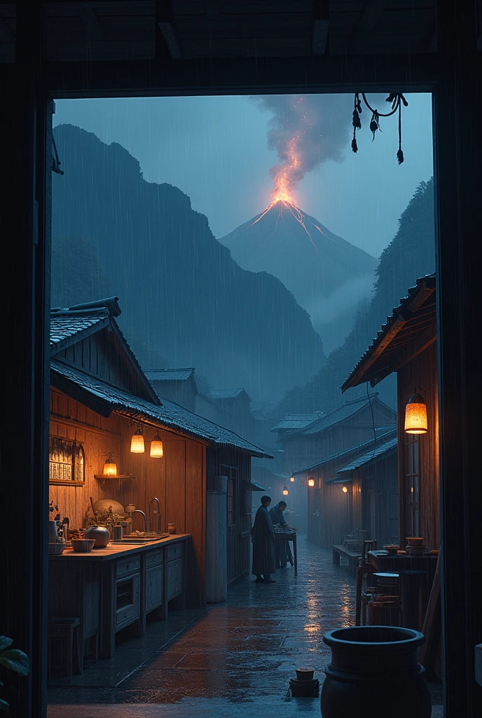 Rainy night in a mountain village with a volcano about to erupt inside a rural kitchen 