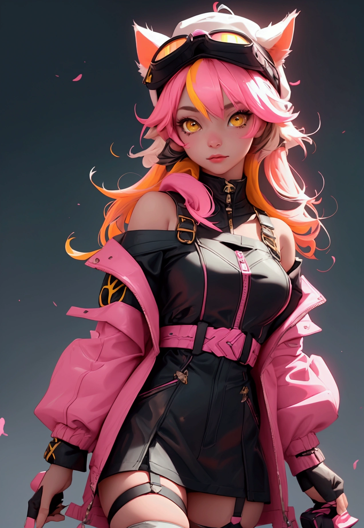 envision a 8k, highres, cinematic, beautiful close up portrait of a girl named Raora Panthera with white animal ears, tail, yellow eyes, pink hair, multicolored hair, goggles, hat, open jacket, off shoulder, thigh straps, thighhighs, against a dark background