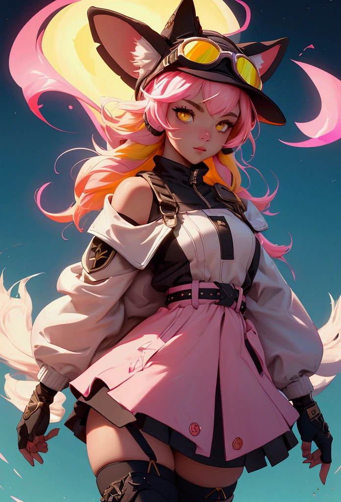envision a 8k, highres, cinematic, beautiful close up portrait of a girl named Raora Panthera with white animal ears, tail, yellow eyes, pink hair, multicolored hair, goggles, hat, open jacket, off shoulder, thigh straps, thighhighs, against a dark background