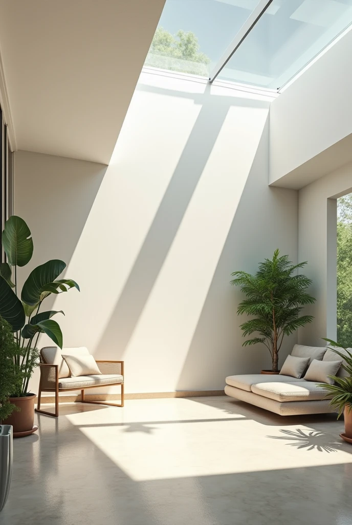 Generate an interior image of a modern room featuring multiple skylights. The skylights are embedded in a sleek, flat ceiling, allowing an abundance of natural light to flood the space. The light should cast soft, dynamic shadows across the room, highlighting the textures of the furniture and flooring. The room has a minimalist design with clean lines, neutral colors, and perhaps a few green plants to add a touch of nature. The overall atmosphere is bright, airy, and inviting