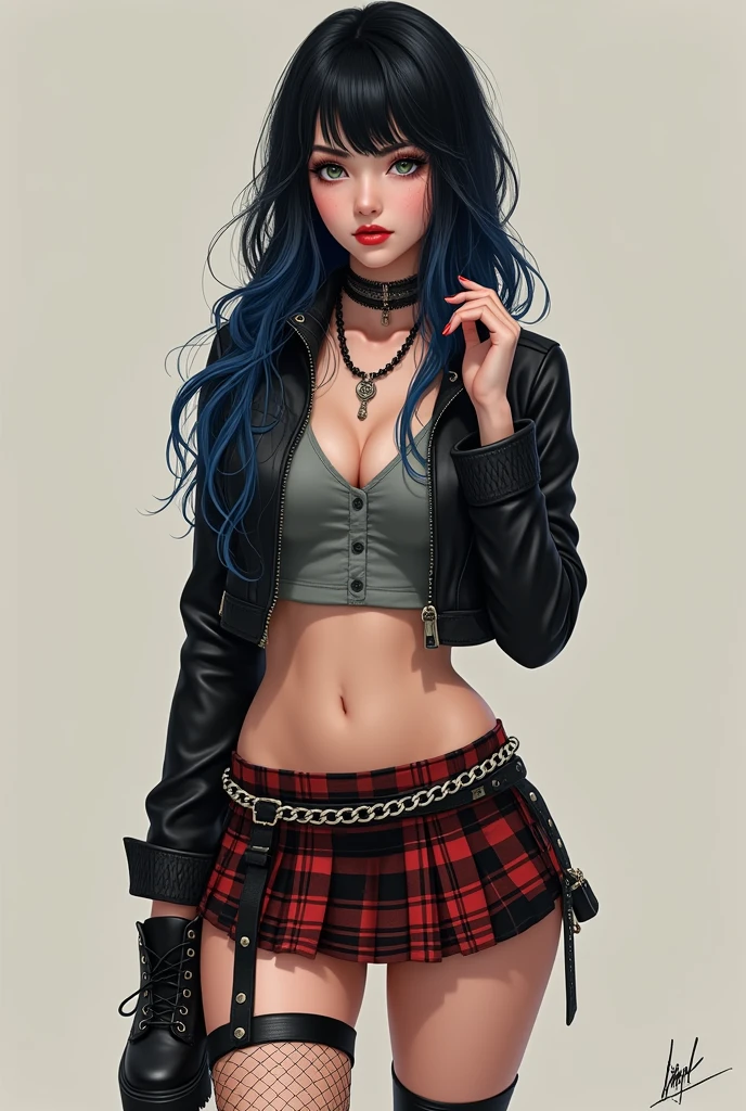 A woman's one, long straight wavy hair without bangs but with a cut called: butterfly cut and with black hair color in half and different shades of blue, guitar-shaped body and very sexy with hazel green eyes and red lompinte lips and a gray blouse, black jacket short size, plaid skirt with black and red and chains around the skirt, men's black boots and fishnet stockings, fair skin and attractive rest and peach skin. And very desirable to other men. The ager will be more realistic. Detail takes everything I said and appears in its entirety.