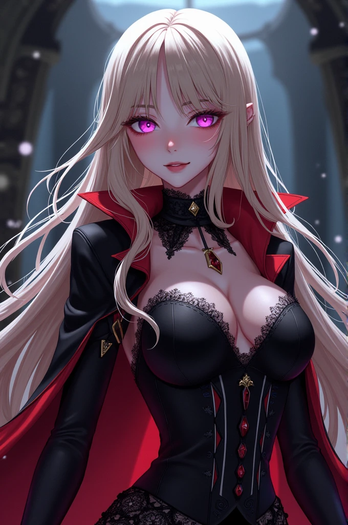 A vampire, anime styling, hair blonde, purples eyes, black and red outfit.