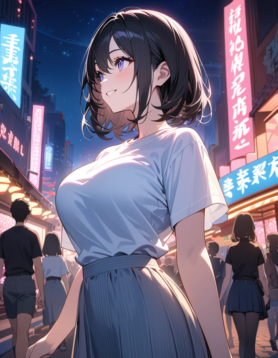 Night Park、high school girl、In surprise、Shy look、、Large Breasts、Black bob hair、hairpin、Lift up the skirt、Pink string buns、Showing off panties、Onlookers near the girl、Angle from directly below、Shooting from behind、Back view、Ass