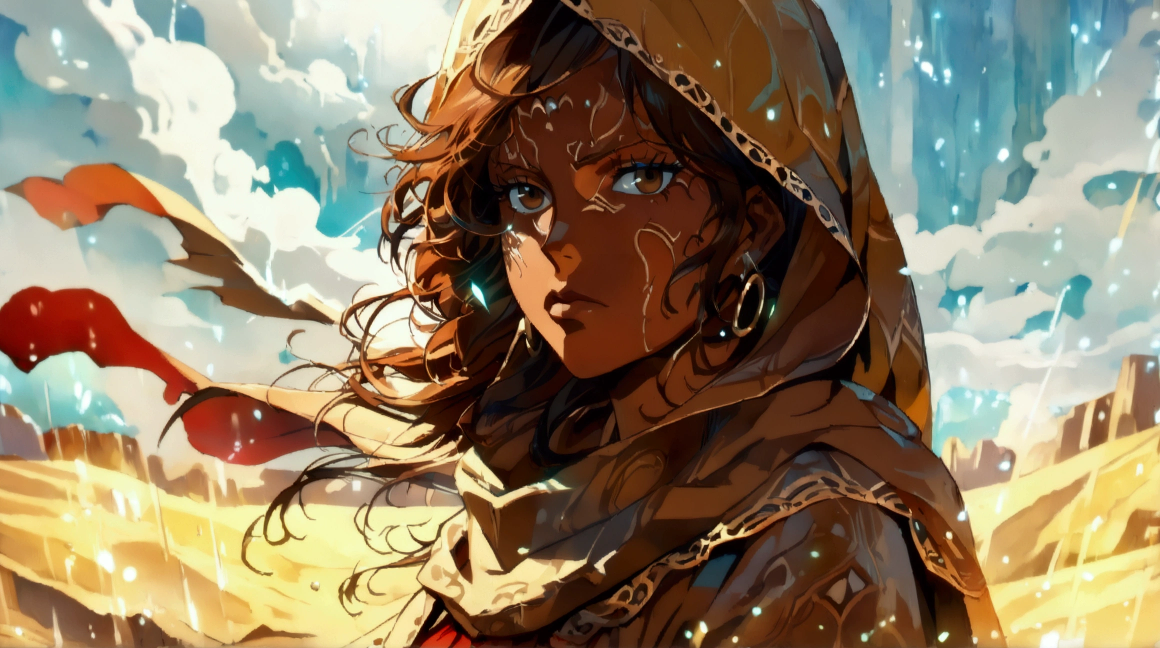 Woman, brown skin, brown hair, serious expression, light brown robe, desert background, ((Intricate anime character design inspired by One Piece)), ((Stunning lighting)), ((Fine lines)), ((Stunning focus)), ((Centered character)), ((Stunning face)), ((Detailed focus)), ((Detailed background)), ((Ultra-fine 2D design)), ((Creative scenery)), ((2D masterpiece)), ((Best quality)), ((8K anime style)), ((Full body))